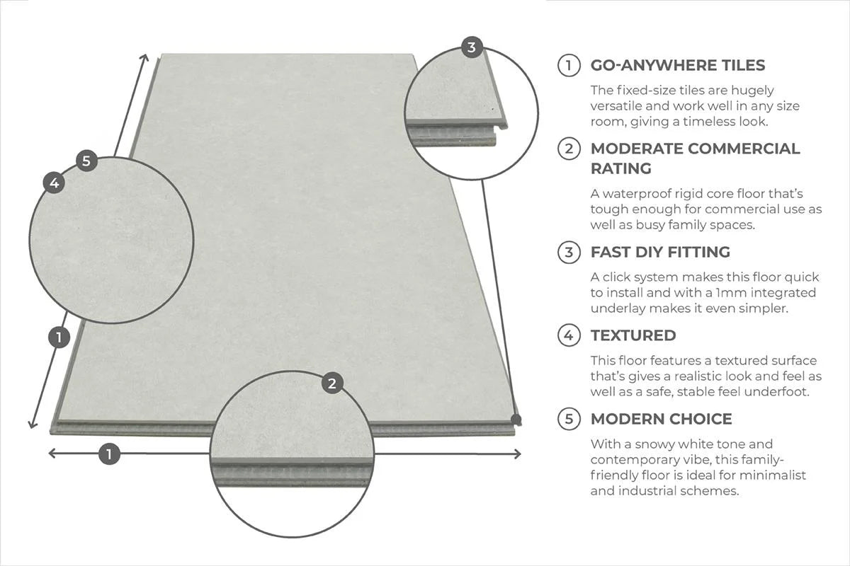 Spectra Luxury Rigid Core Click Vinyl Oyster White Tile Built-in Underlay