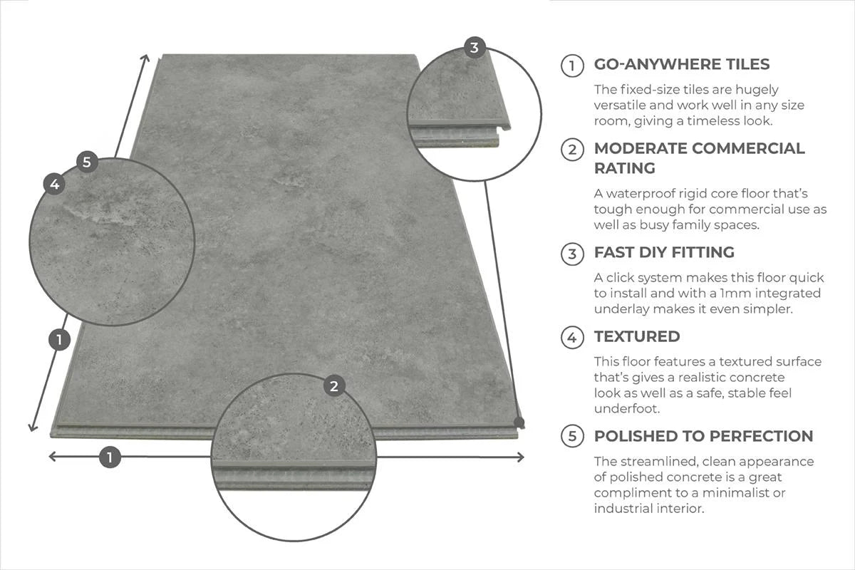 Spectra Luxury Rigid Core Click Vinyl Smoke Grey Tile Built-in Underlay