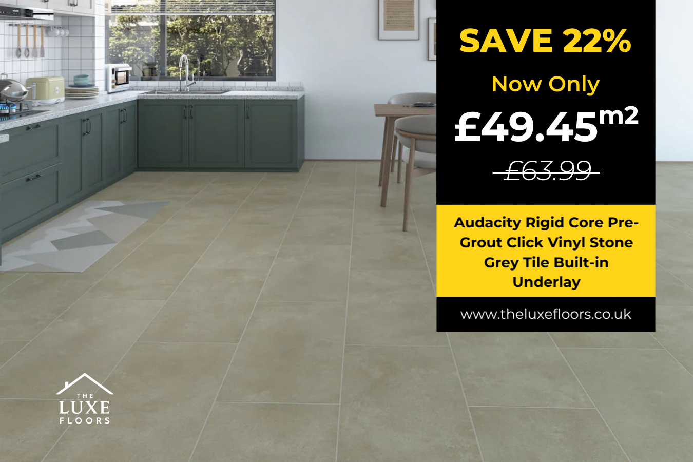 Audacity Rigid Core Pre-Grout Click Vinyl Stone Grey Tile Built-in Underlay