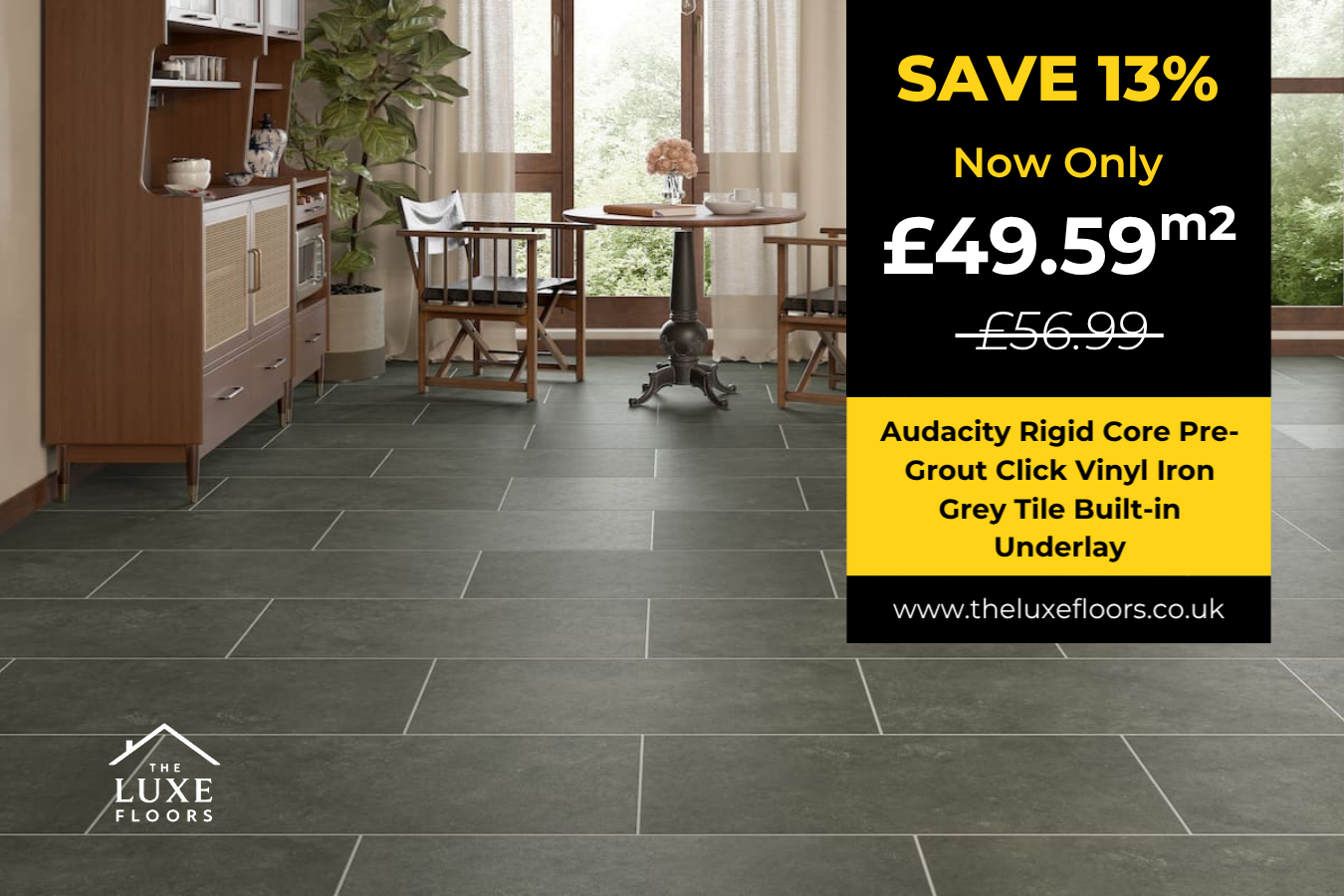 Audacity Rigid Core Pre-Grout Click Vinyl Iron Grey Tile Built-in Underlay