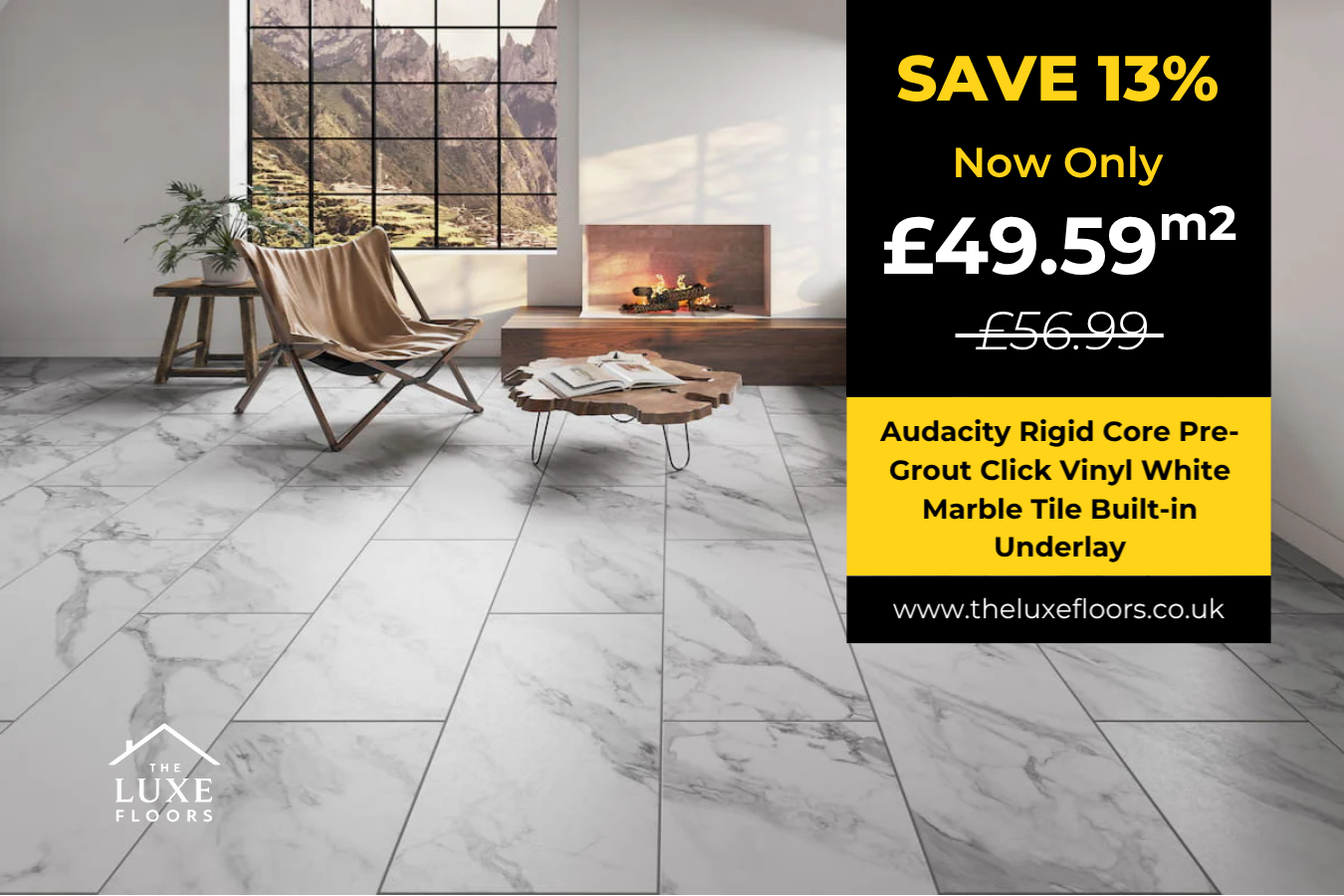 Audacity Rigid Core Pre-Grout Click Vinyl White Marble Tile Built-in Underlay