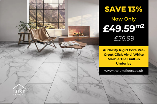 Audacity Rigid Core Pre-Grout Click Vinyl White Marble Tile Built-in Underlay