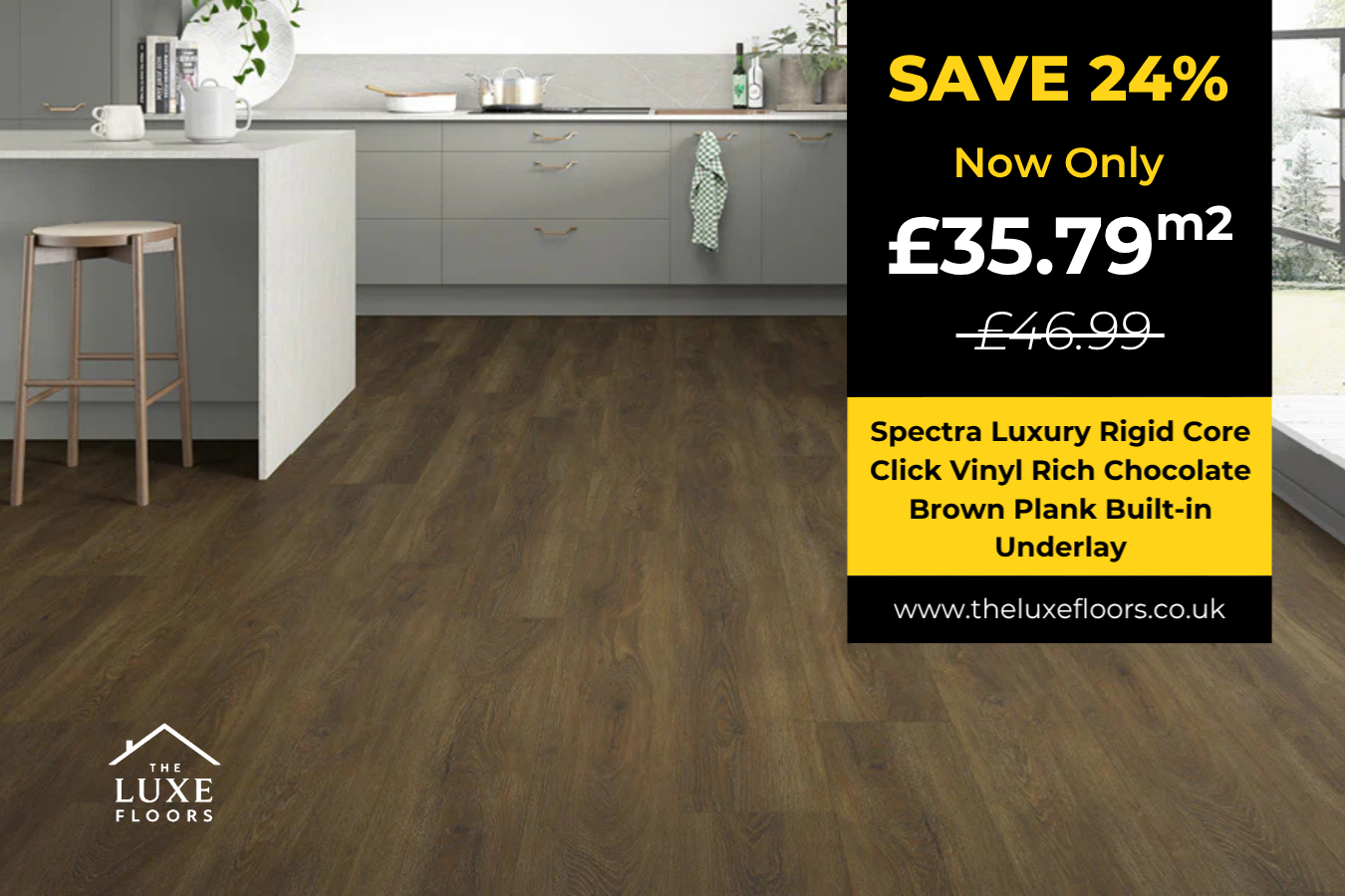 Spectra Luxury Rigid Core Click Vinyl Rich Chocolate Brown Plank Built-in Underlay