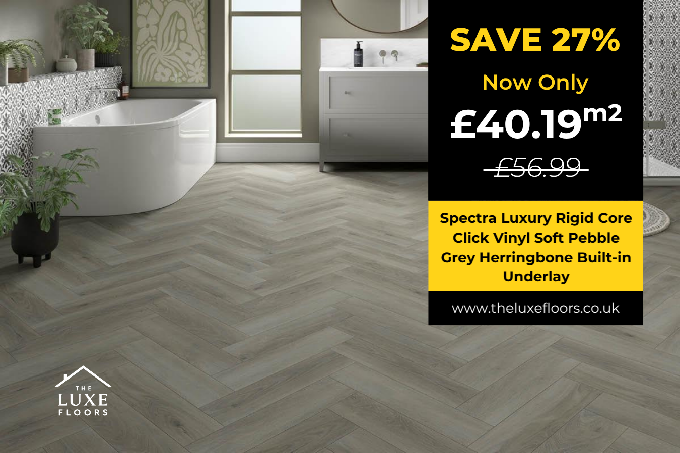 Spectra Luxury Rigid Core Click Vinyl Soft Pebble Grey Herringbone Built-in Underlay